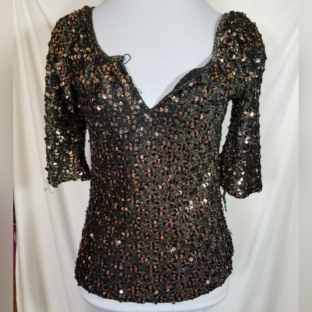 Imagnin Black Gold Sequin Covered Top Metallic Thread Short Half Sleeve Vintage